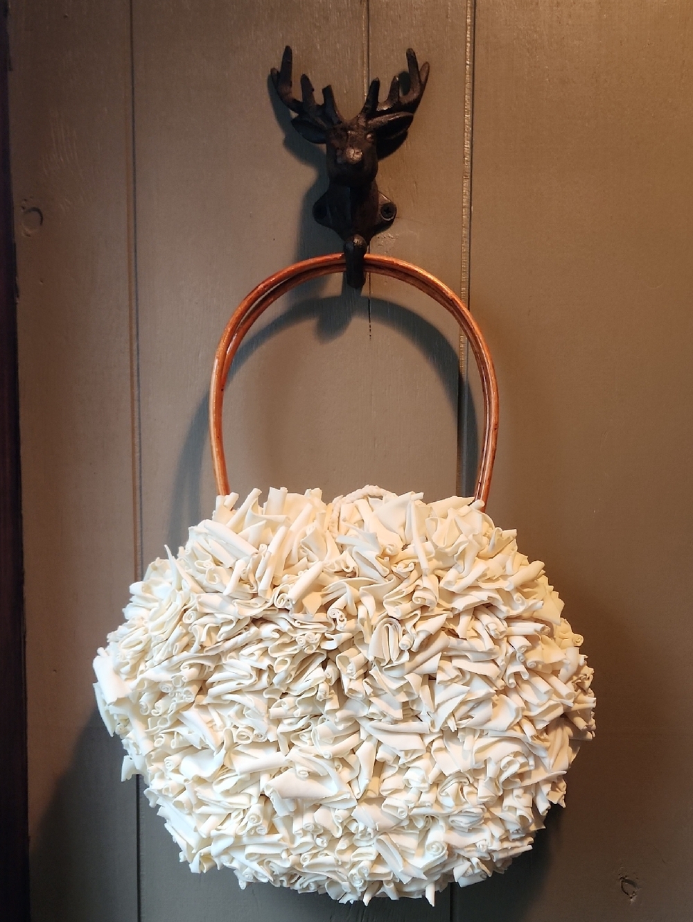 Ivory Ruffled Round Tote Bag with Wooden Handles